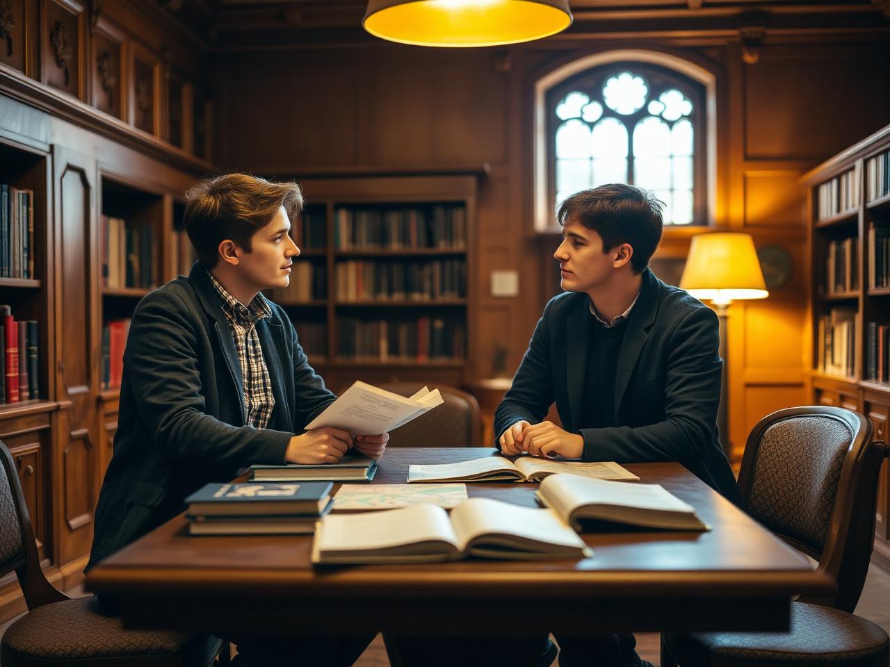 Students in academic discussion in a Cambridge college library